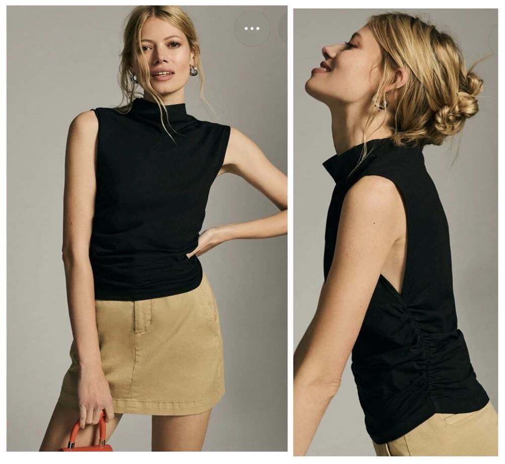 maeve anthropologie top small mock neck ruched Fitted Tank Black Top Size S